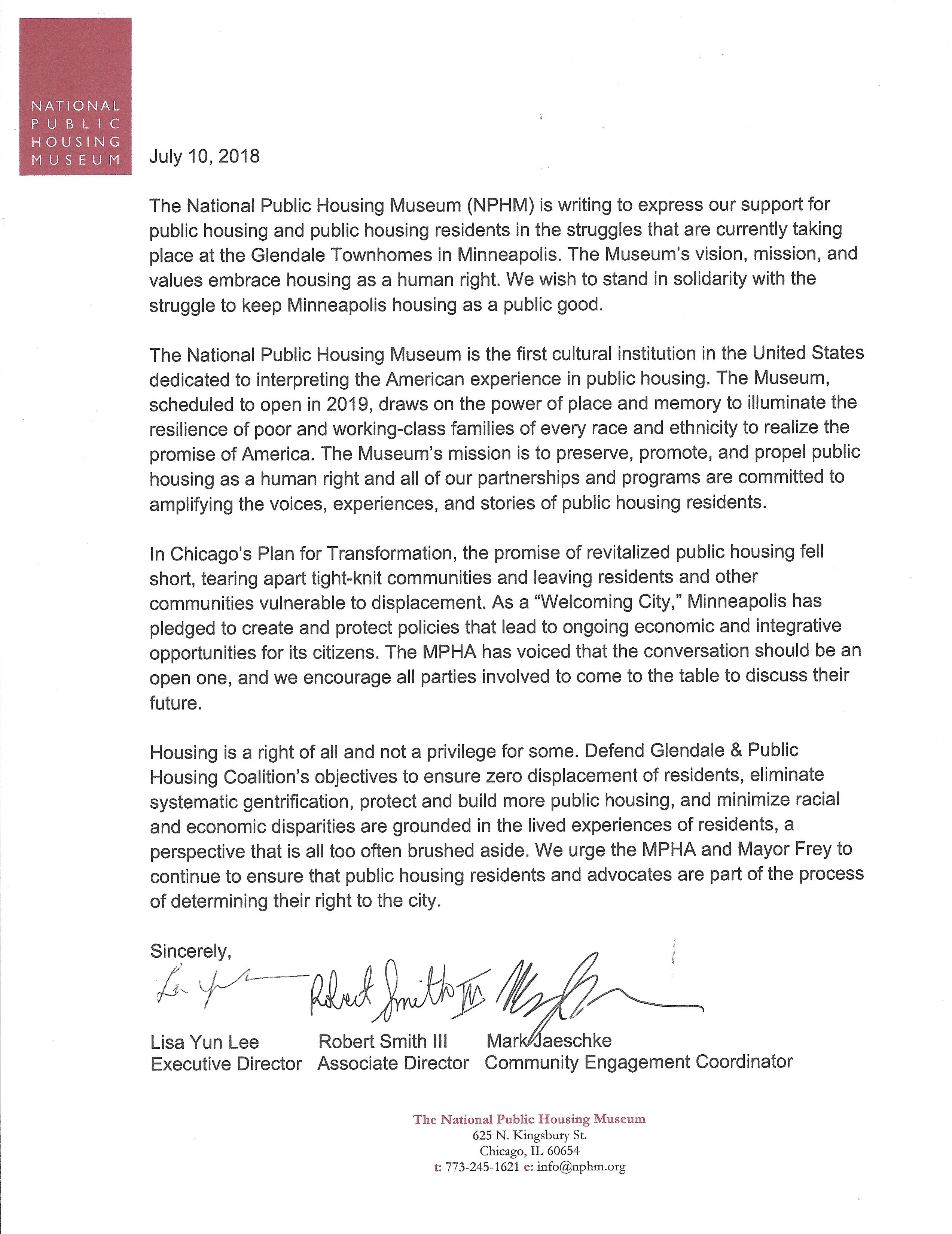 A Letter of Support from The National Public Housing Museum – Defend  Glendale & Public Housing Coalition
