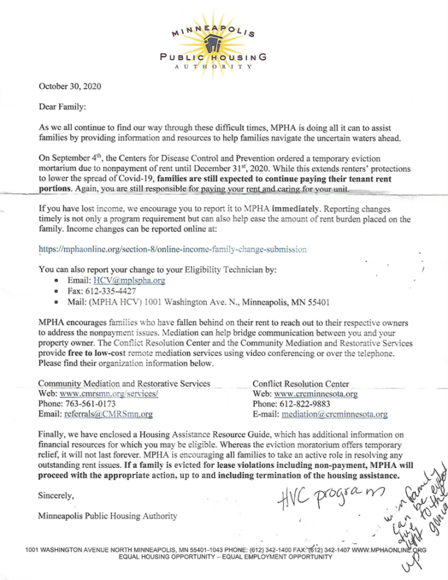 picture of letter from MPHA 